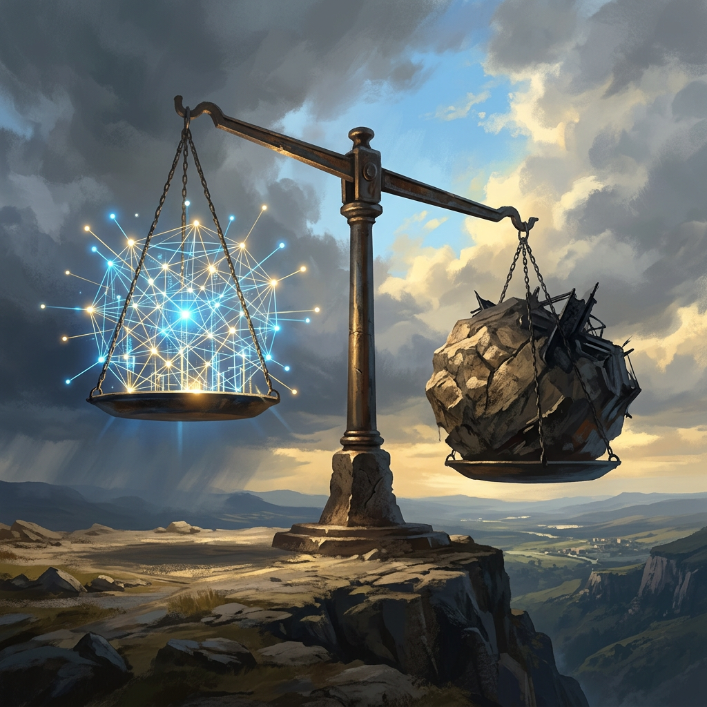 Balance scale weighing a glowing digital network against rocks and industrial debris