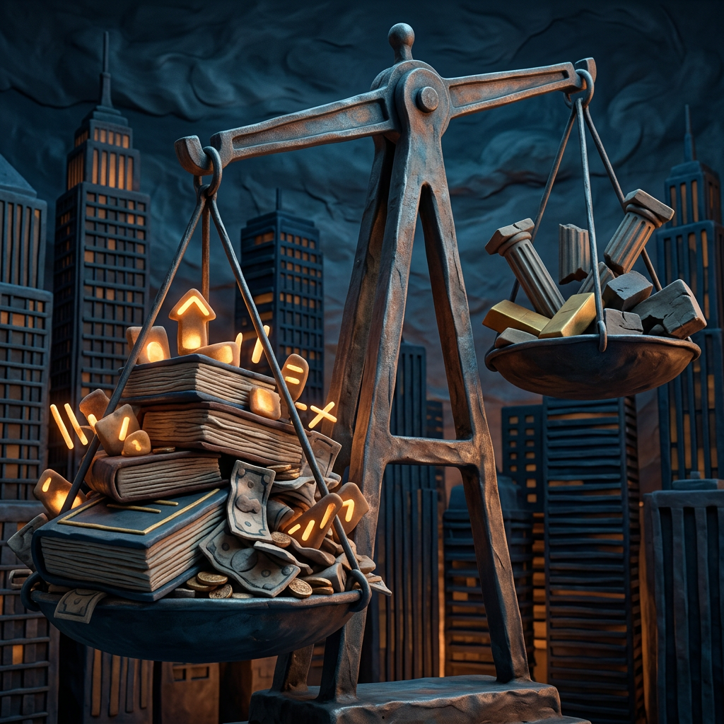 Balance scale holding glowing books and money on one side, gold bars and rubble on the other