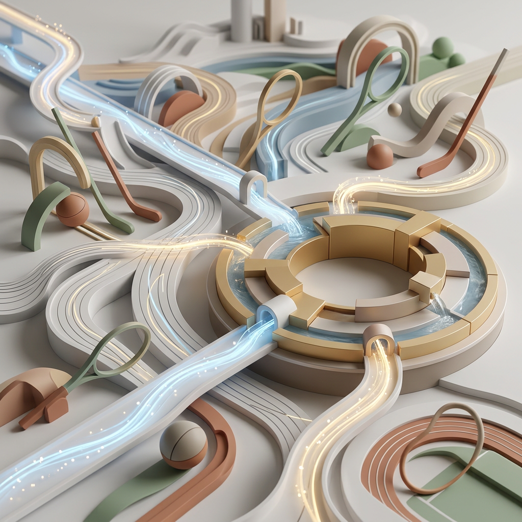 Abstract 3D network of looping tracks with glowing blue and gold pathways