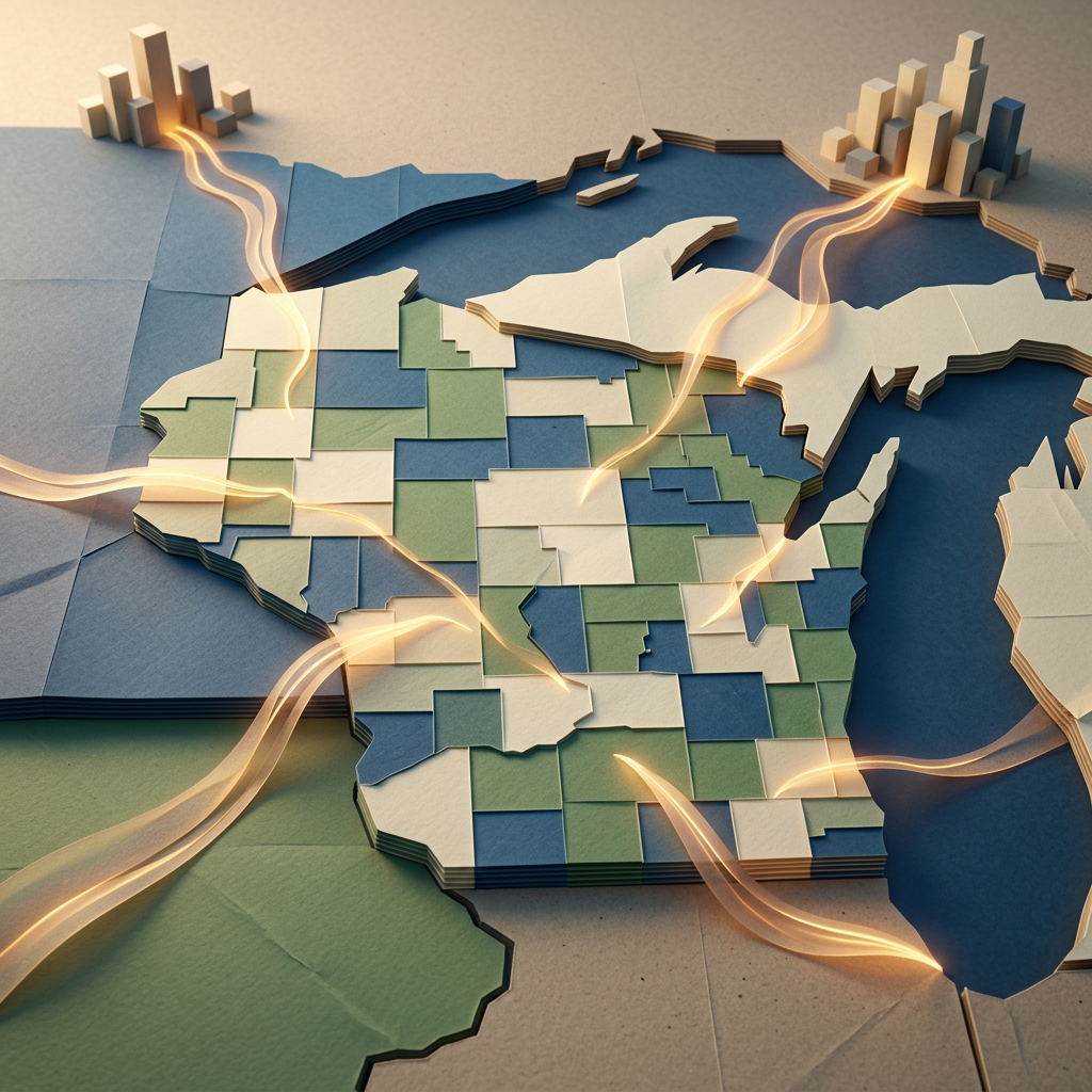 Layered map of North America with glowing routes linking regions