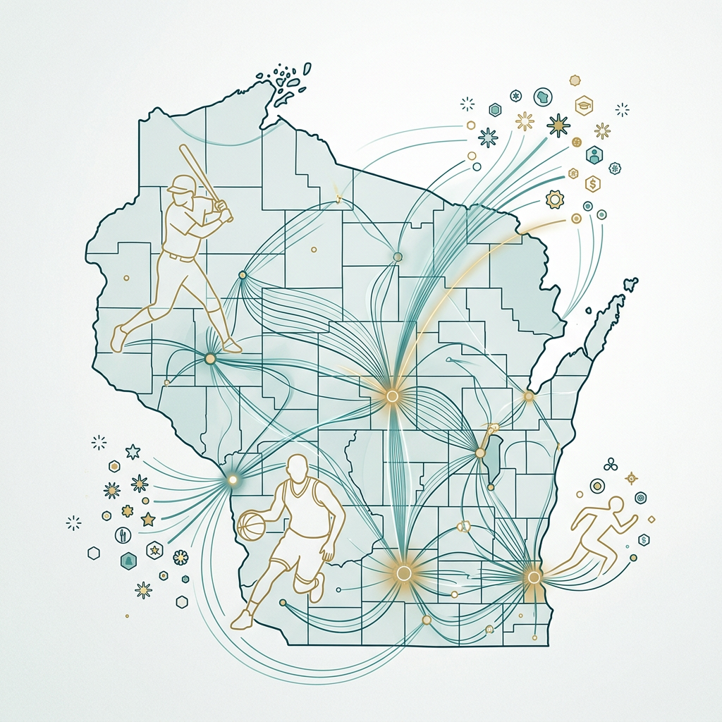 Illustrated U.S. map connecting athletes and sports symbols with network lines