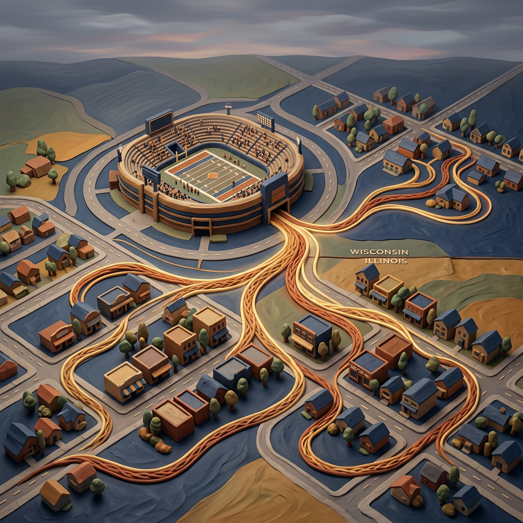 Stylized map with stadium, roads, looping routes, homes, and labels WISCONSIN ILLINOIS