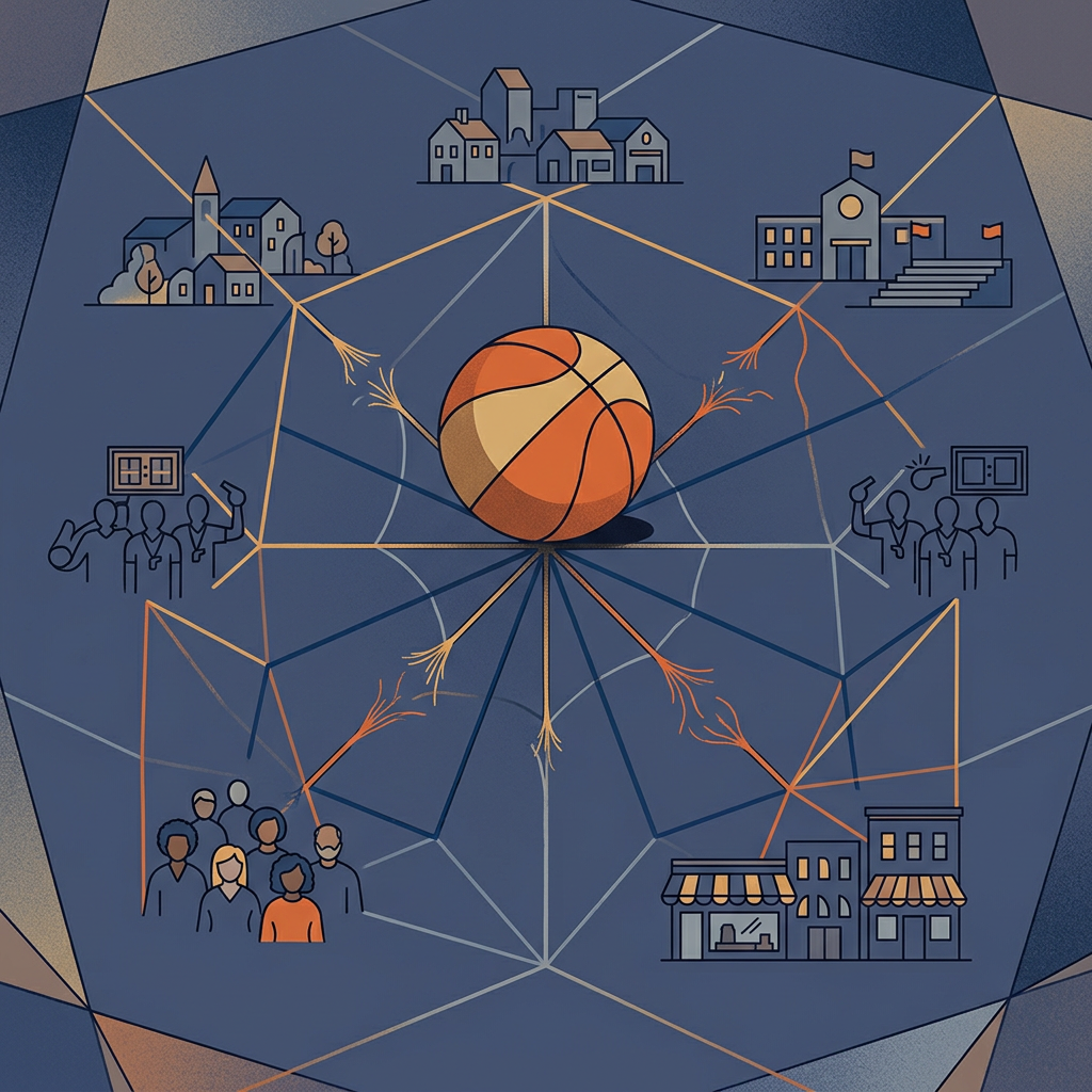 Illustration of a basketball connecting schools, government, community groups, and local businesses