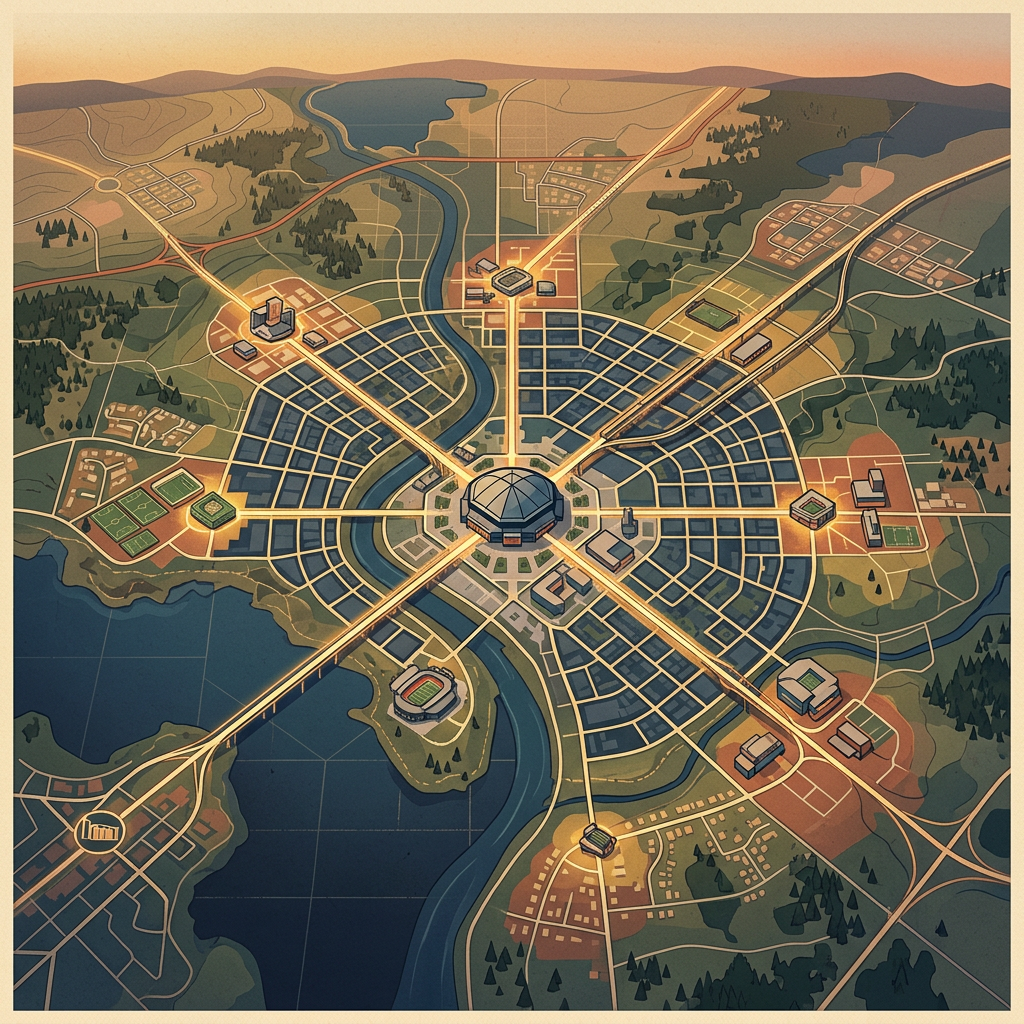 Illustrated city map with a central domed arena, highways, waterways, neighborhoods, and sports venues