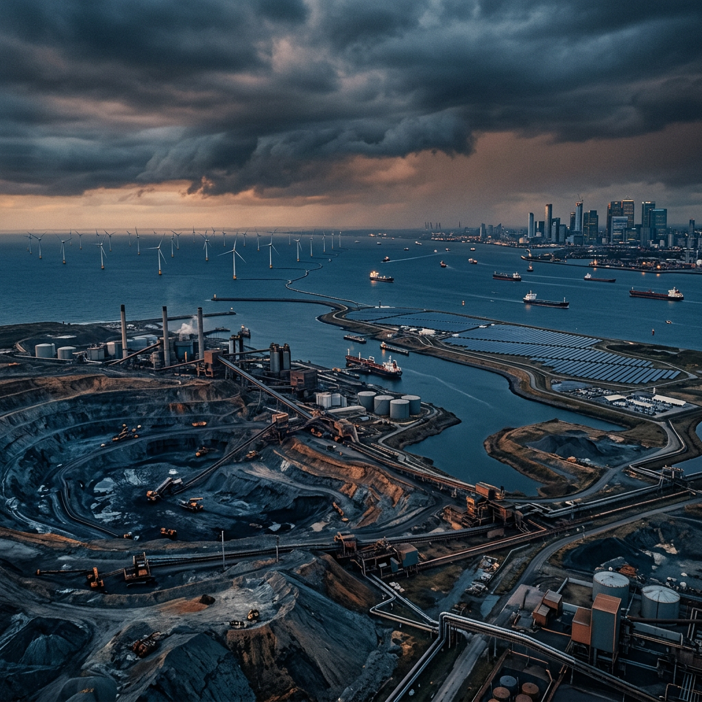 Industrial waterfront with mining pits, solar panels, wind turbines, ships, and city skyline