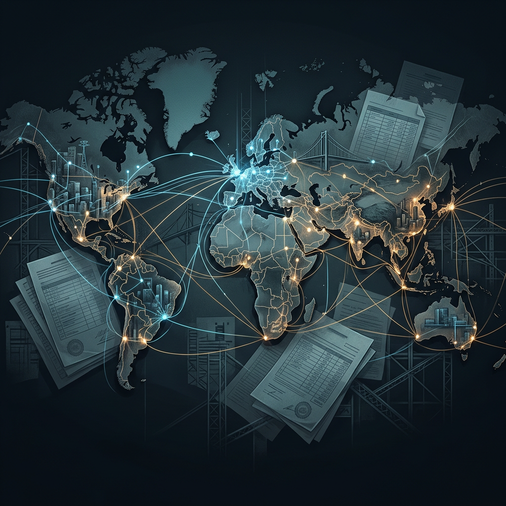Stylized world map with glowing global trade routes, city skylines, and financial documents