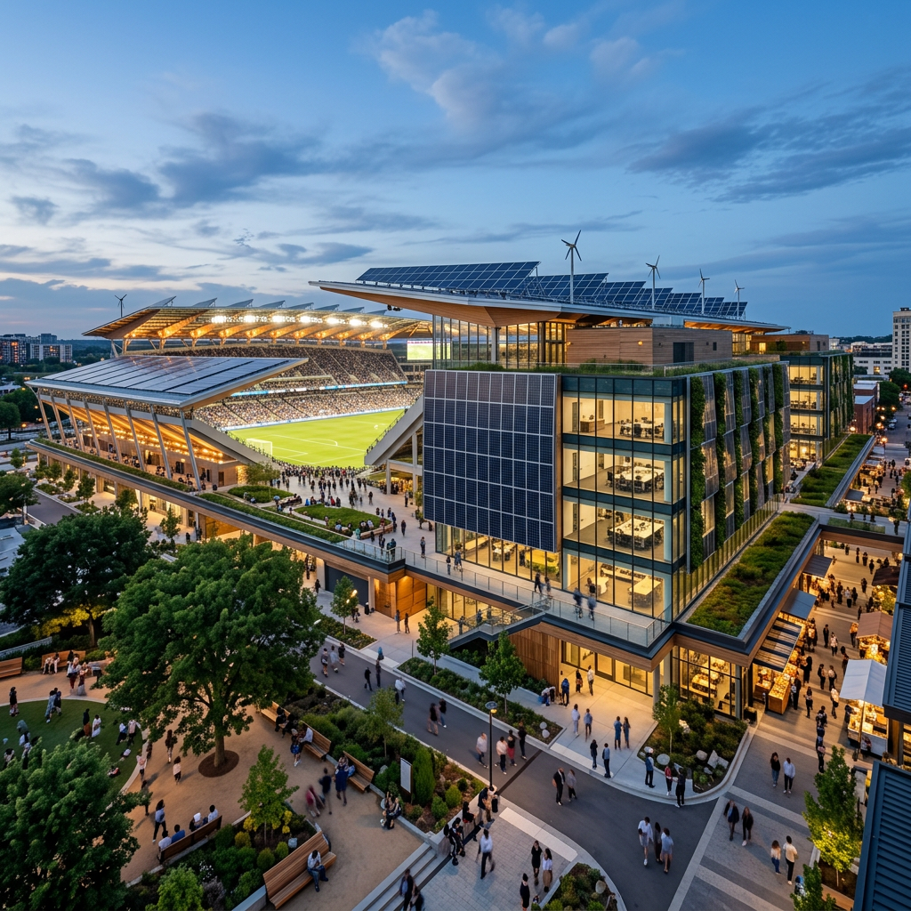 Modern stadium complex with solar panels, wind turbines, and crowds