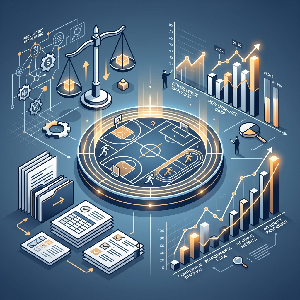 Sports analytics infographic with basketball court, compliance tracking, performance data, and revenue metrics