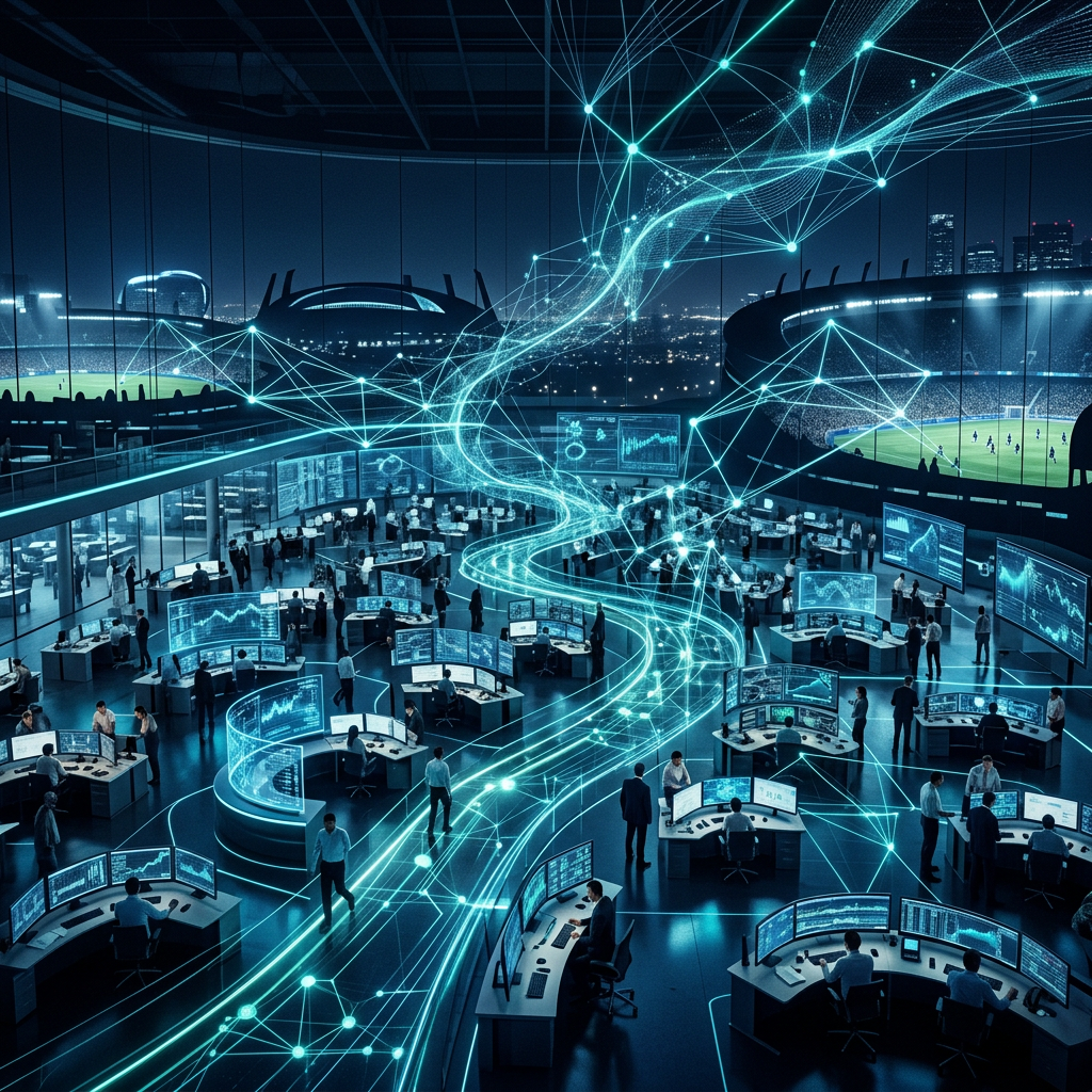 Futuristic sports analytics control room with glowing data networks and stadium views