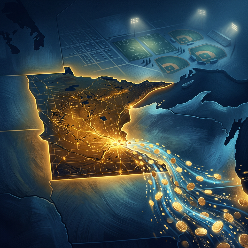 Stylized Minnesota map with sports fields and flowing golden coins
