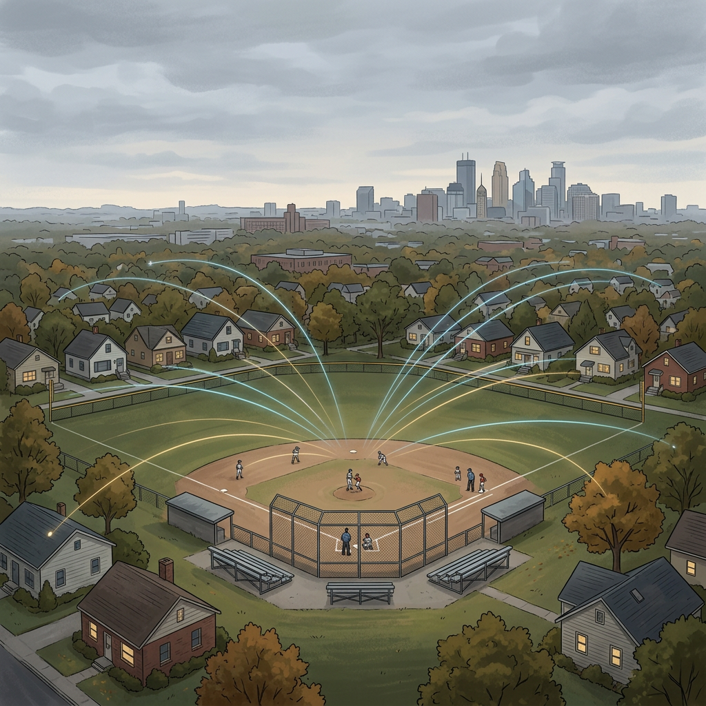 Illustrated neighborhood baseball field with glowing connection arcs and city skyline