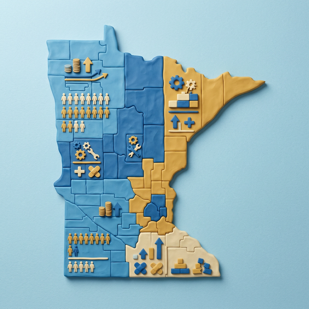 Stylized Minnesota map illustrating regional growth, workforce, and industry
