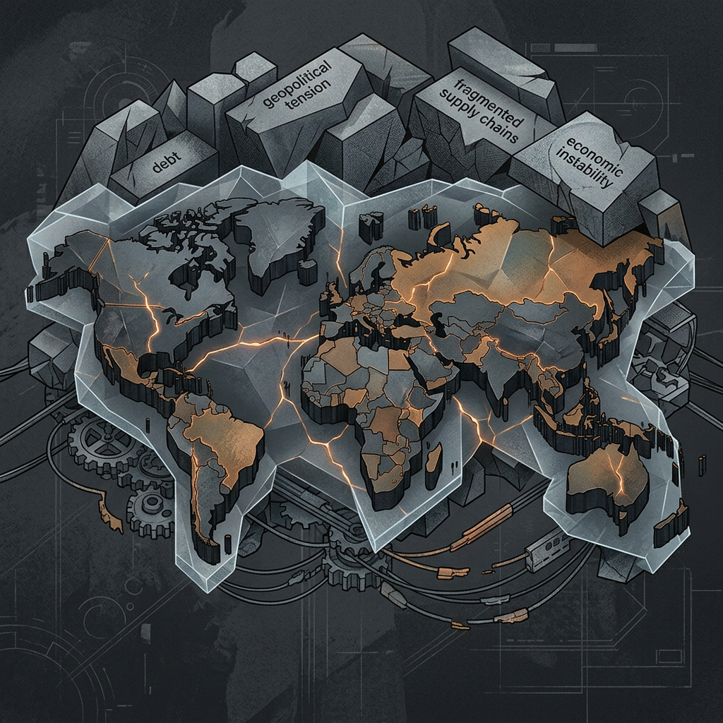 Fractured world map labeled debt, geopolitical tension, fragmented supply chains, and economic instability