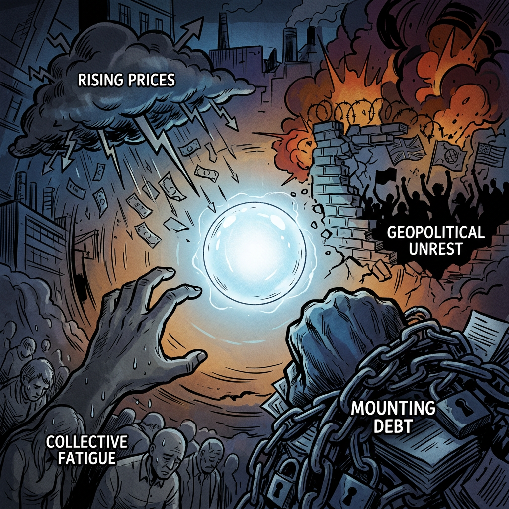 Illustration labeled Rising Prices, Geopolitical Unrest, Mounting Debt, and Collective Fatigue