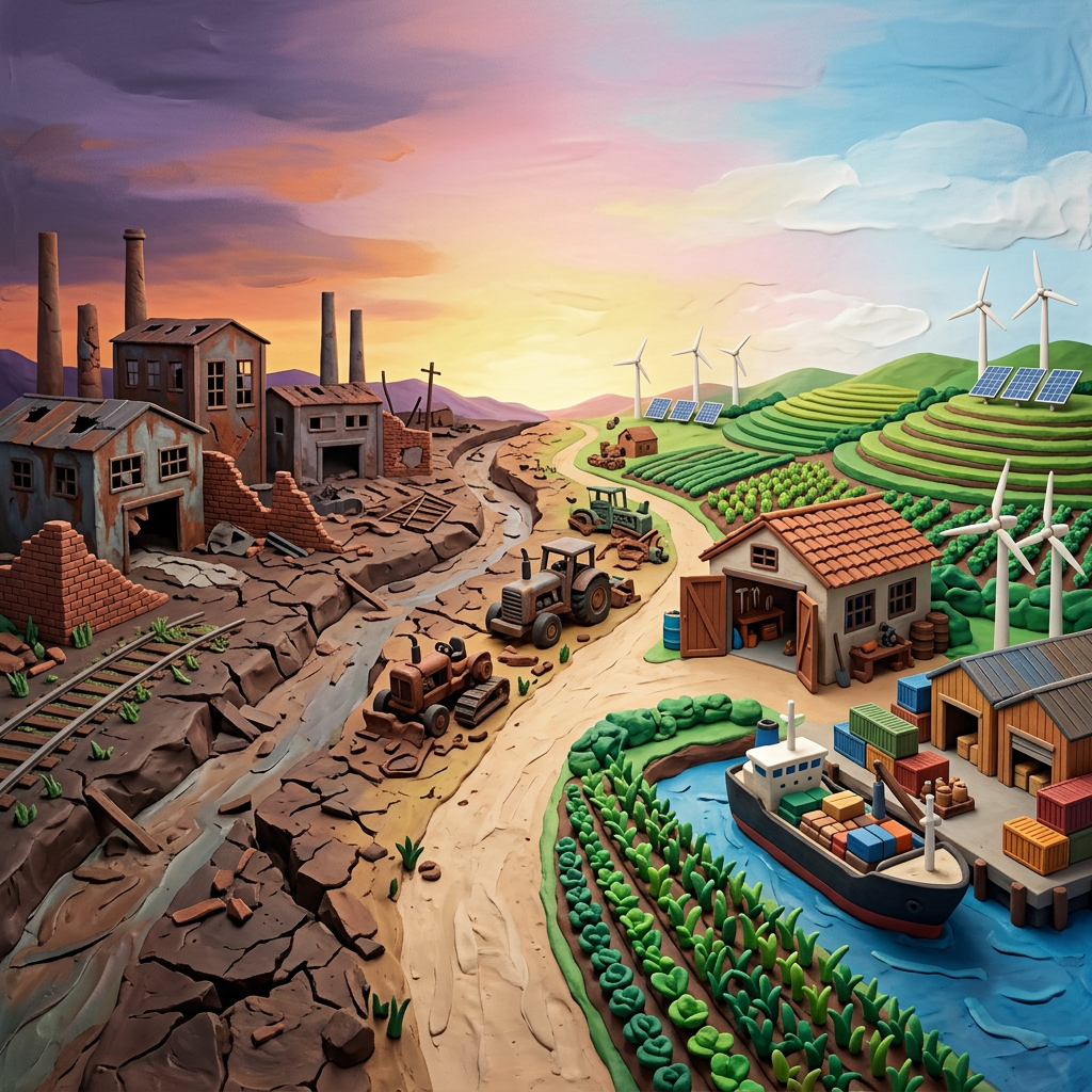 Miniature landscape contrasting a ruined industrial town with renewable farms and a busy port