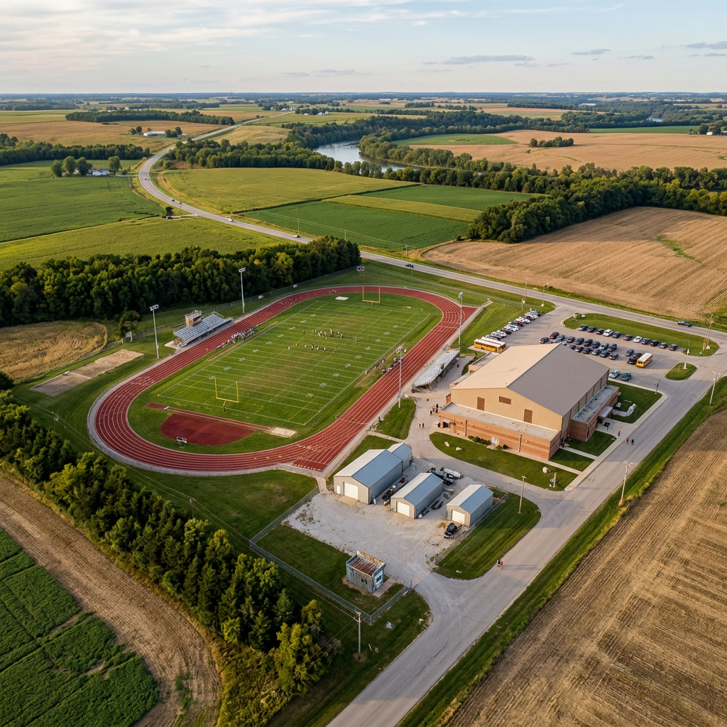 Aerial view of a sports complex with a football field, running track, and surrounding farmland