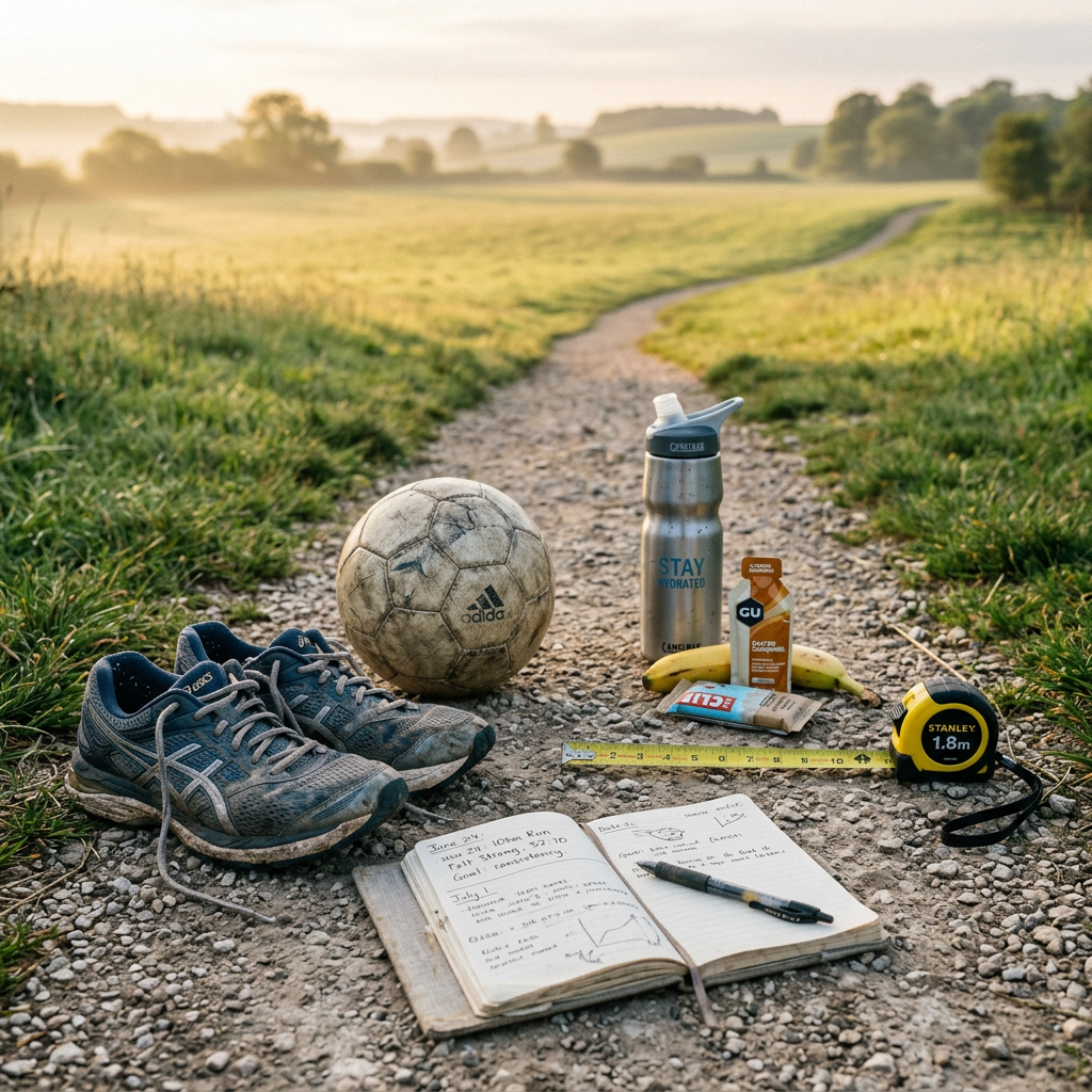 Running gear, football, water bottle, snacks, tape measure, and training journal on trail