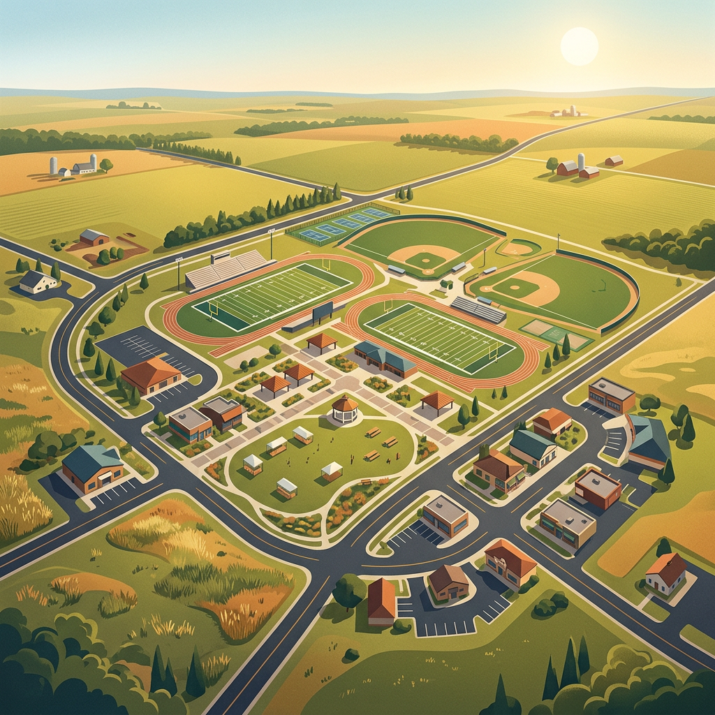 Illustrated rural sports complex with football fields, baseball diamonds, and surrounding farmland