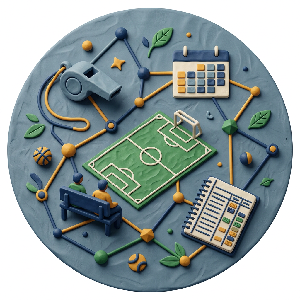 Sports planning scene with soccer field, whistle, calendar, clipboard, basketball, and spectators