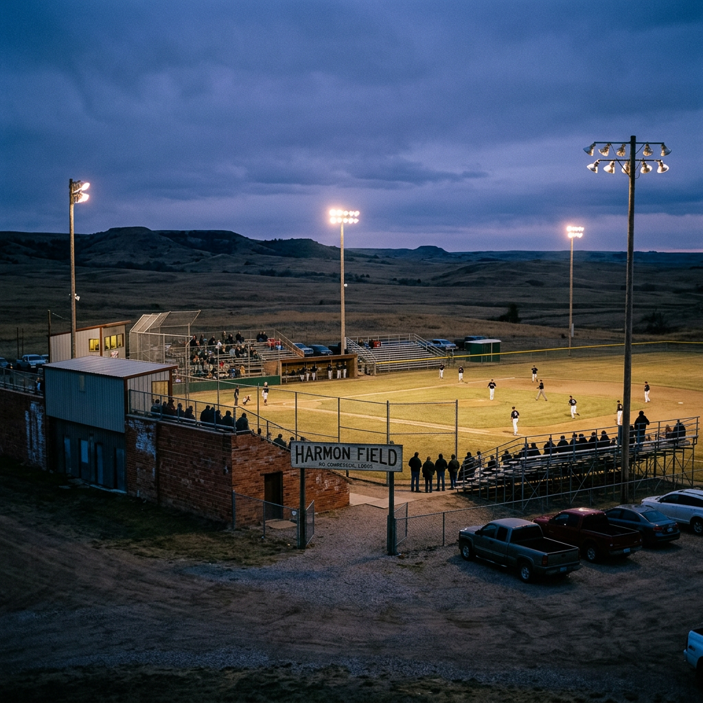 Baseball game at night with sign reading “HARMON FIELD”