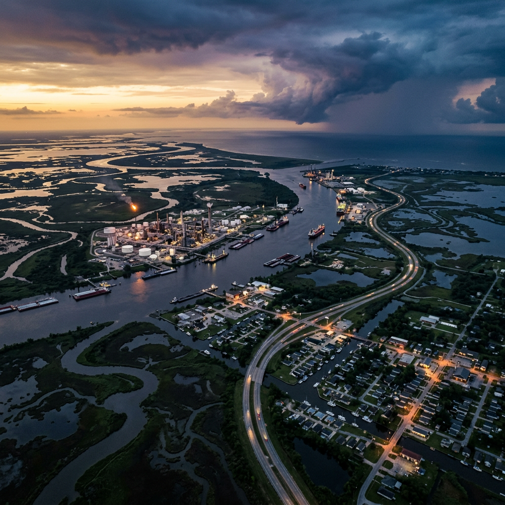 Aerial view of an industrial port, wetlands, waterways, and roads at sunset