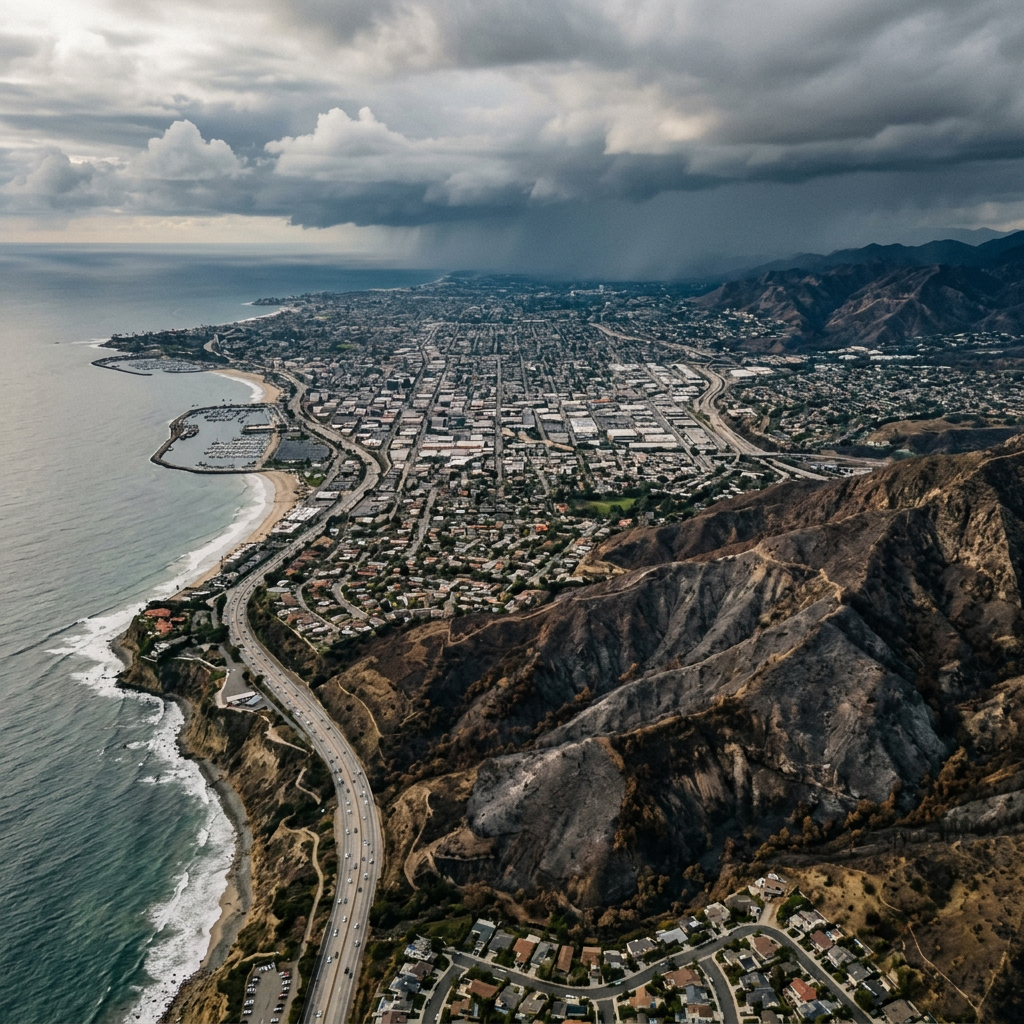 A coastal city beside mountains and ocean under dark storm clouds