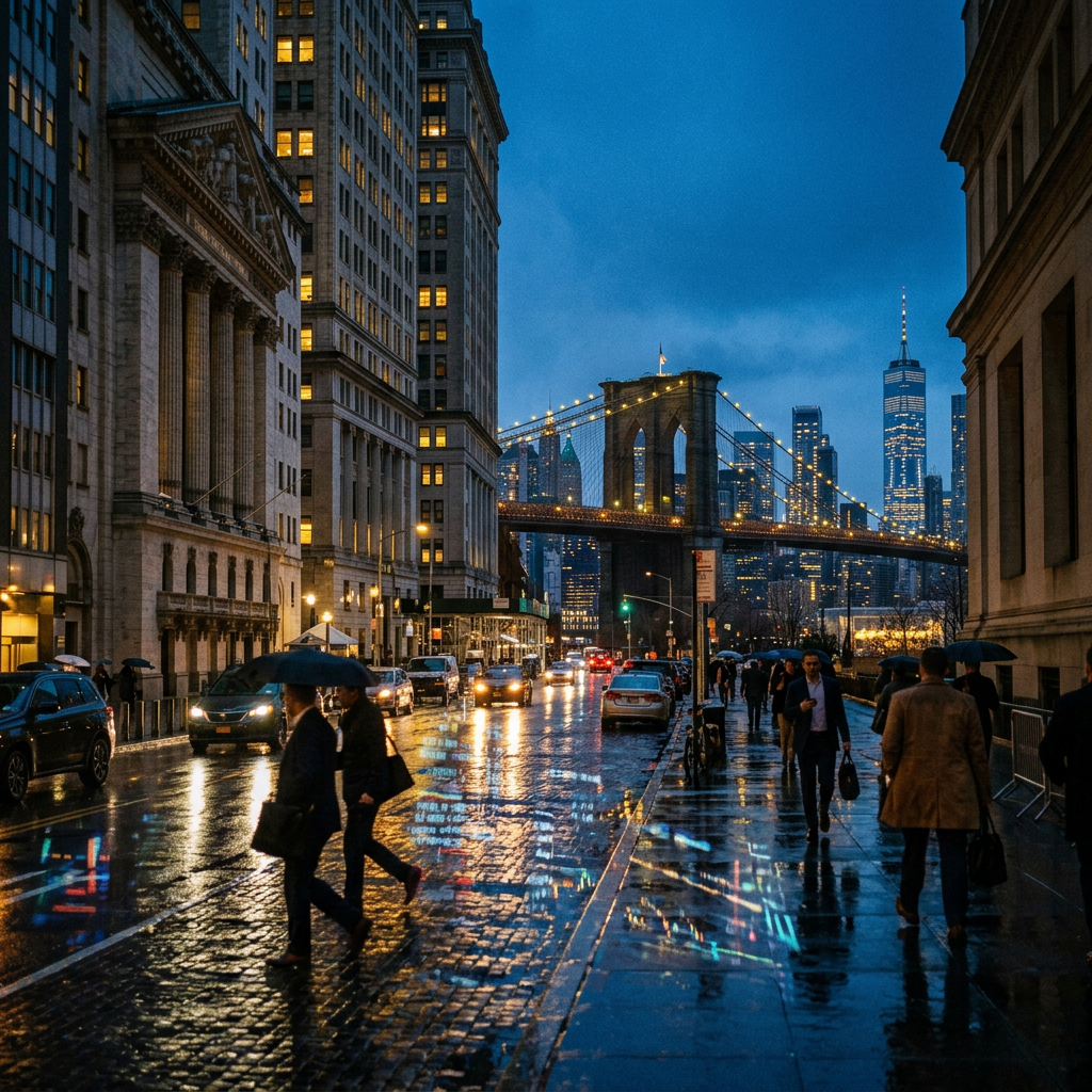 Rainy city street with pedestrians, Brooklyn Bridge, and One World Trade Center