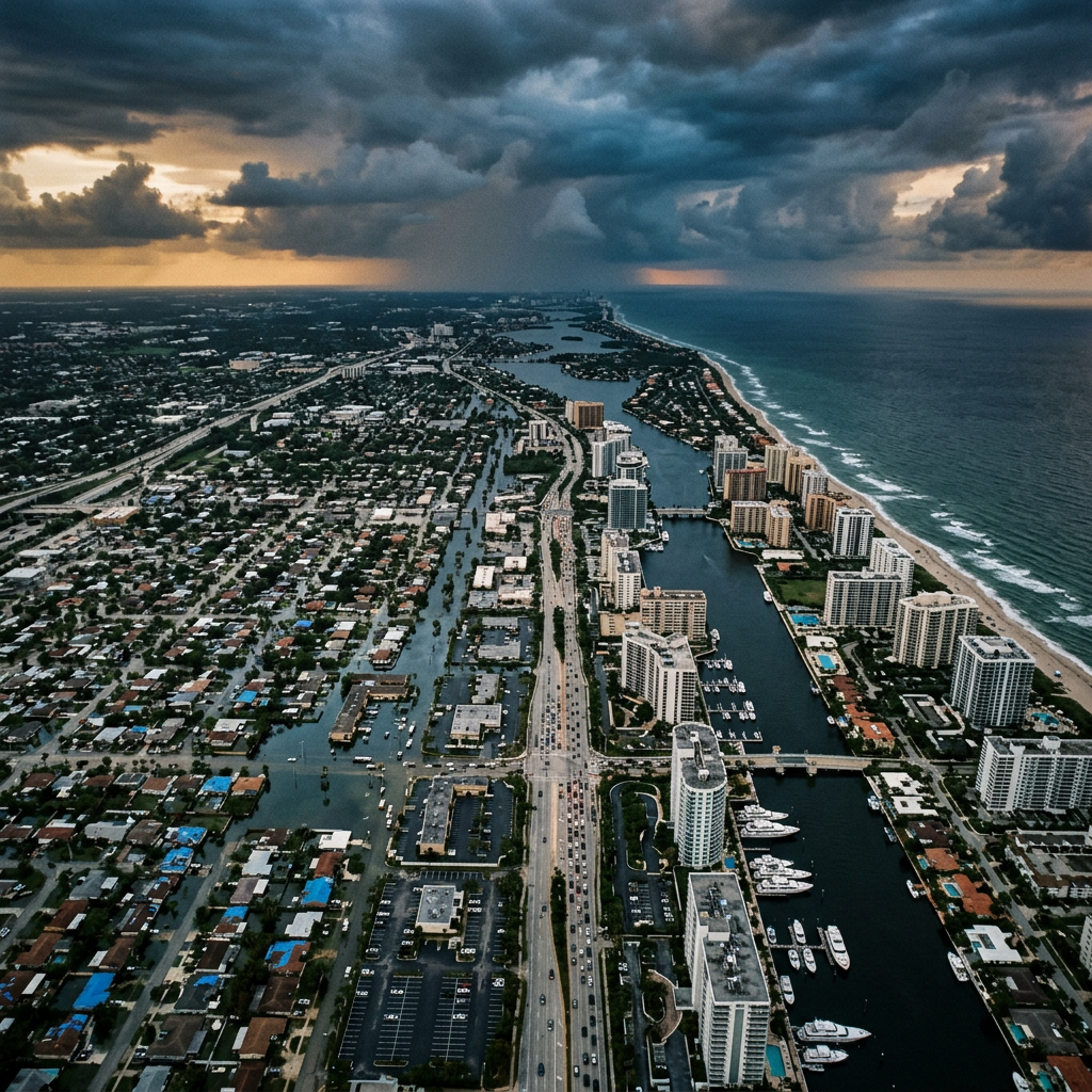 Aerial coastal city with waterways, beaches, towers, and storm clouds