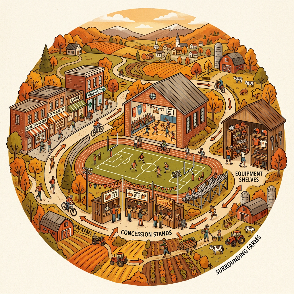 Illustrated sports complex labeled SPORTING GOODS, LOCAL BARBER, CAFE, PHARMACY, EQUIPMENT SHELVES, CONCESSION STANDS, SURROUNDING FARMS