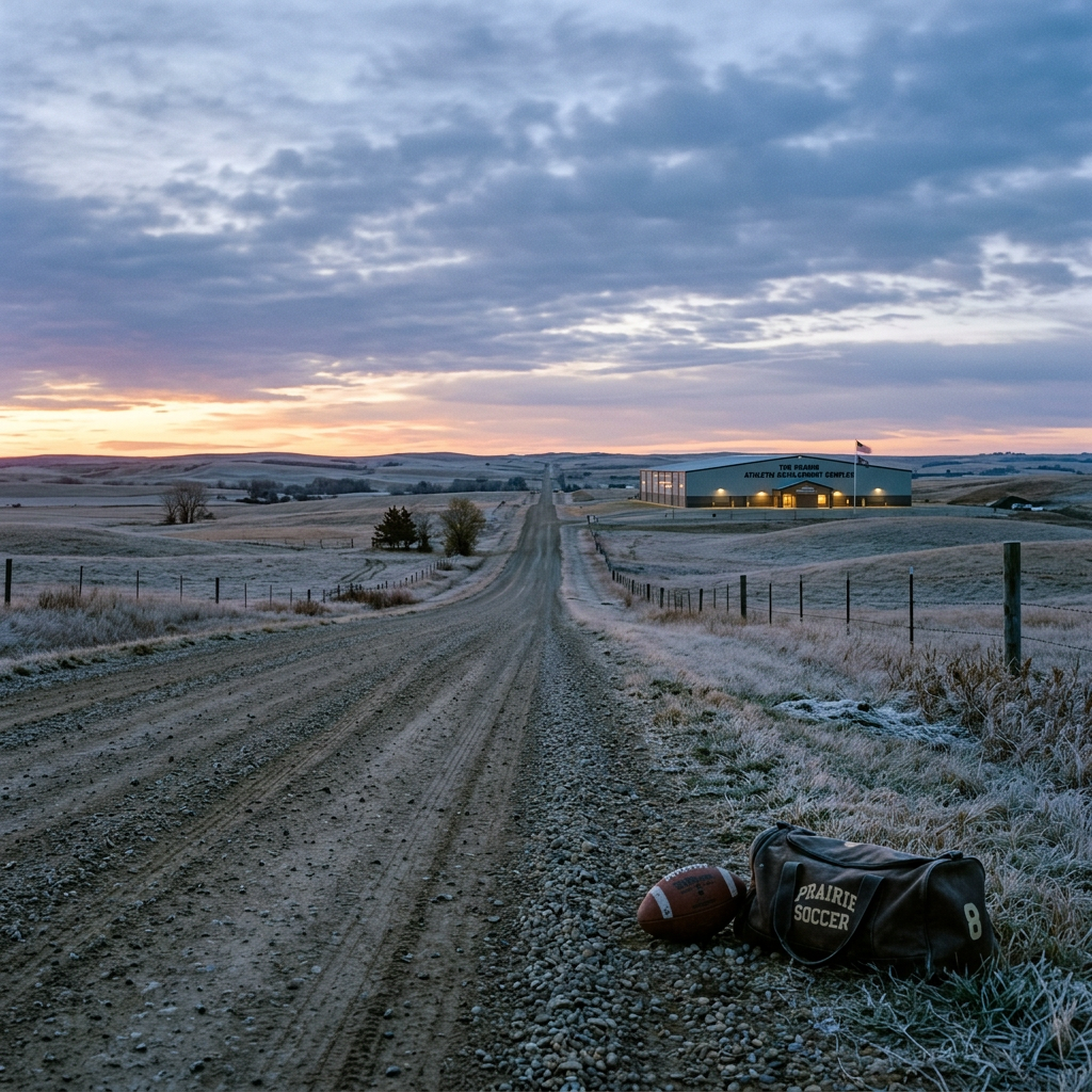 Soccer bag and football beside a gravel road near a rural athletic building