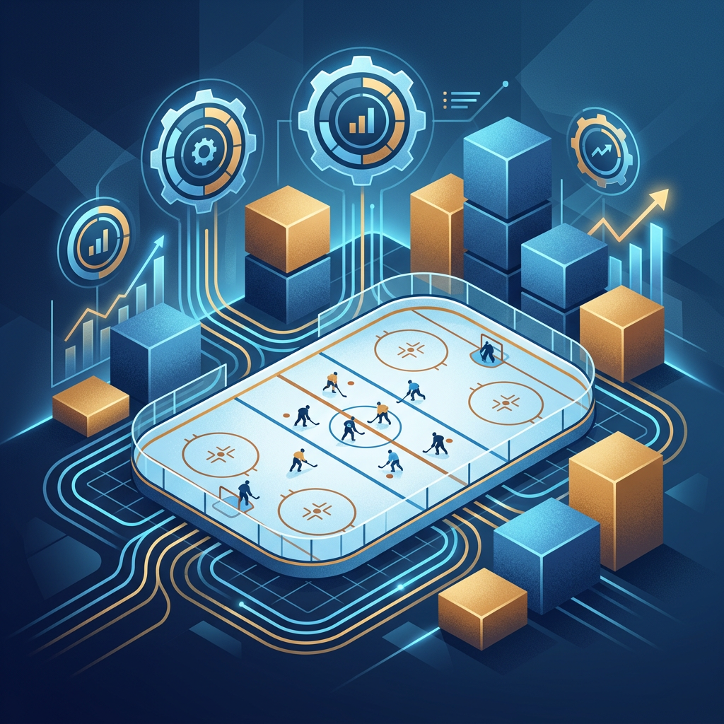 Illustrated hockey rink surrounded by analytics charts, gears, and rising data graphs