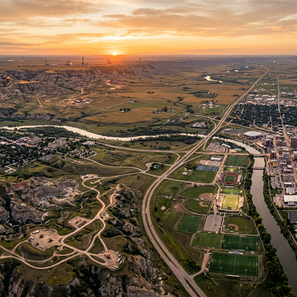 Aerial view of badlands, farmland, roads, waterways, and sports fields at sunset