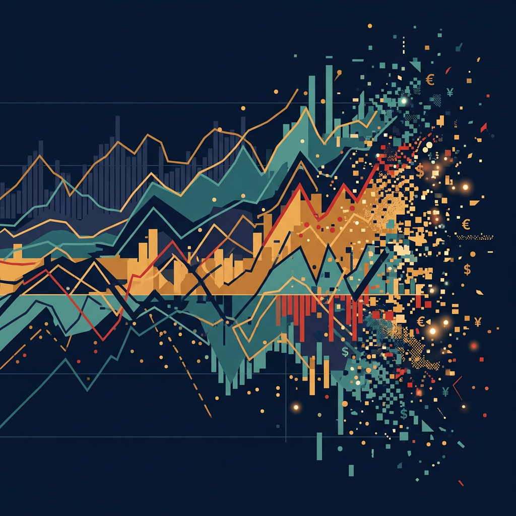 Abstract financial market chart with colorful bars, trend lines, currency symbols, and data fragments