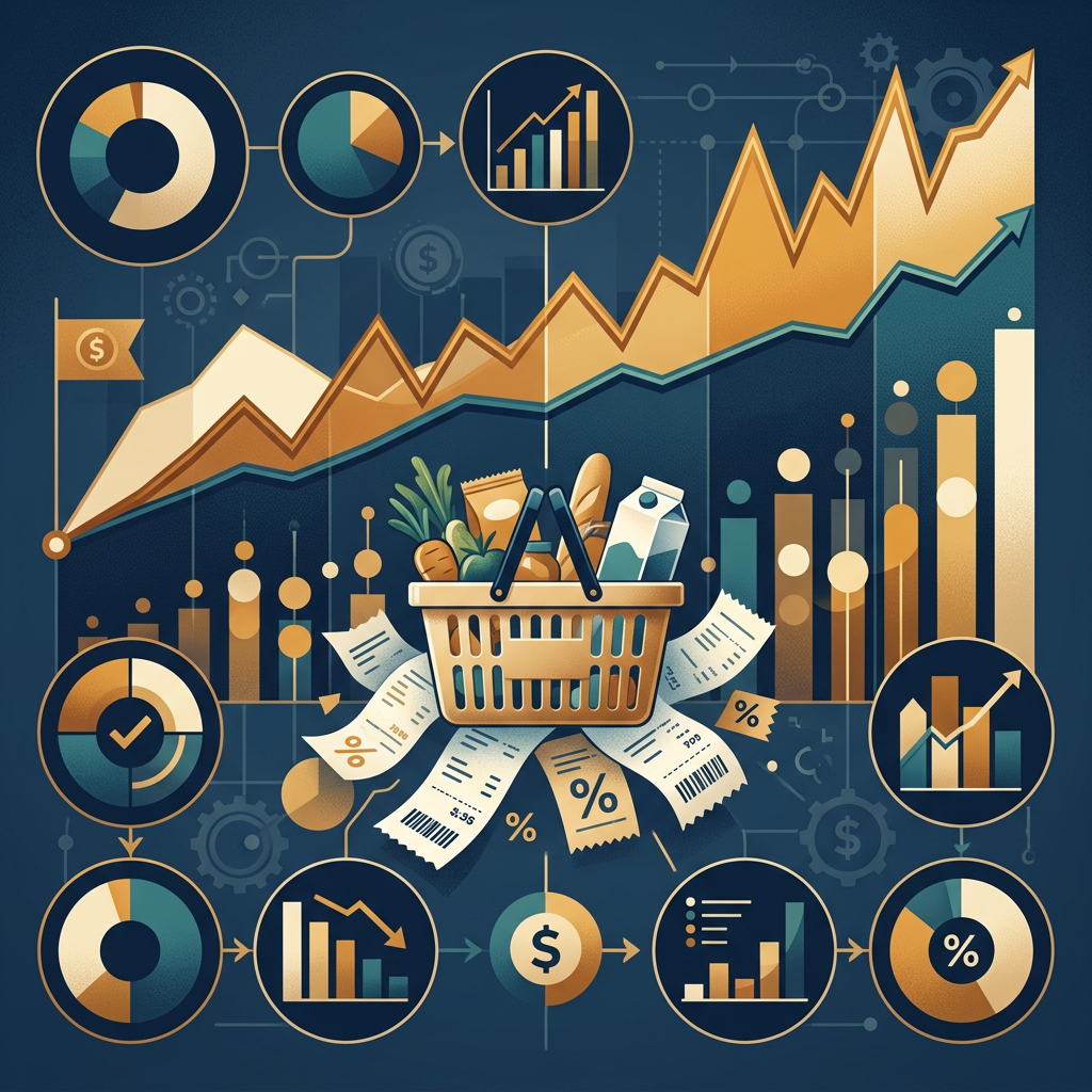 Grocery basket surrounded by charts, rising graphs, percentages, and financial symbols