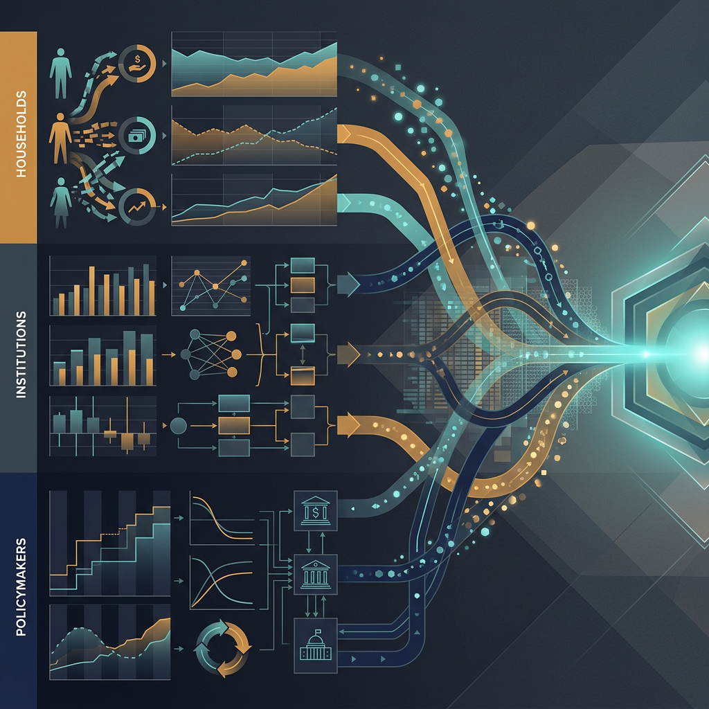 Infographic connecting HOUSEHOLDS, INSTITUTIONS, and POLICYMAKERS through charts and data flows