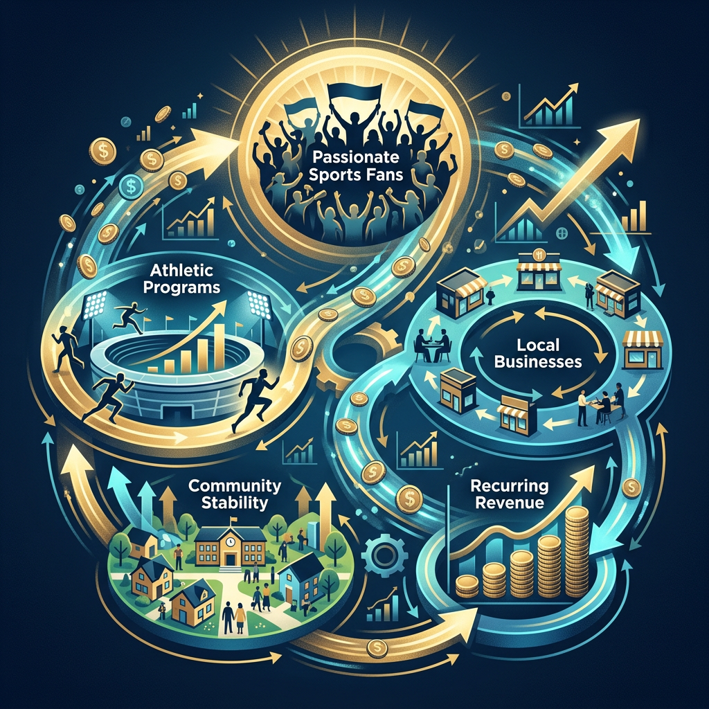 Diagram labeled Passionate Sports Fans, Athletic Programs, Local Businesses, Community Stability, and Recurring Revenue