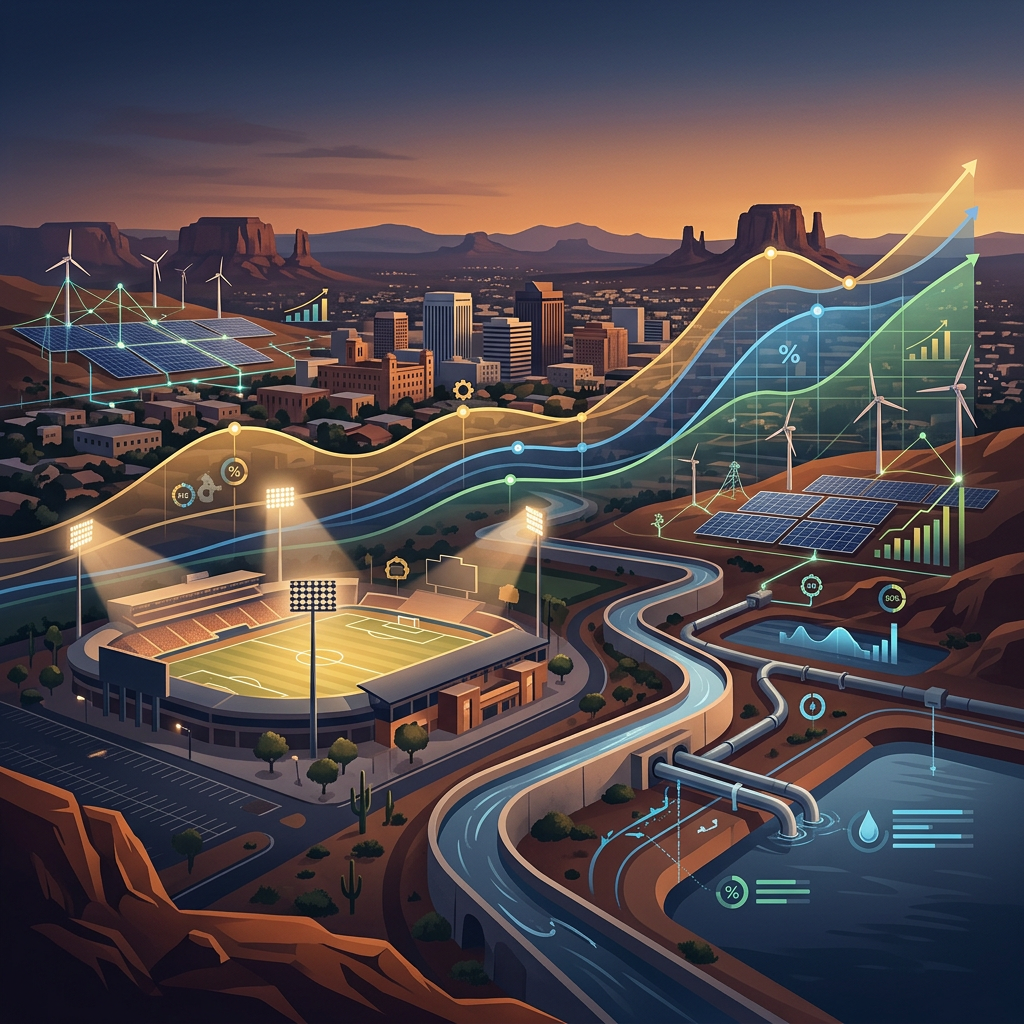 Illustrated city integrating renewable energy, sports, water, and growth data