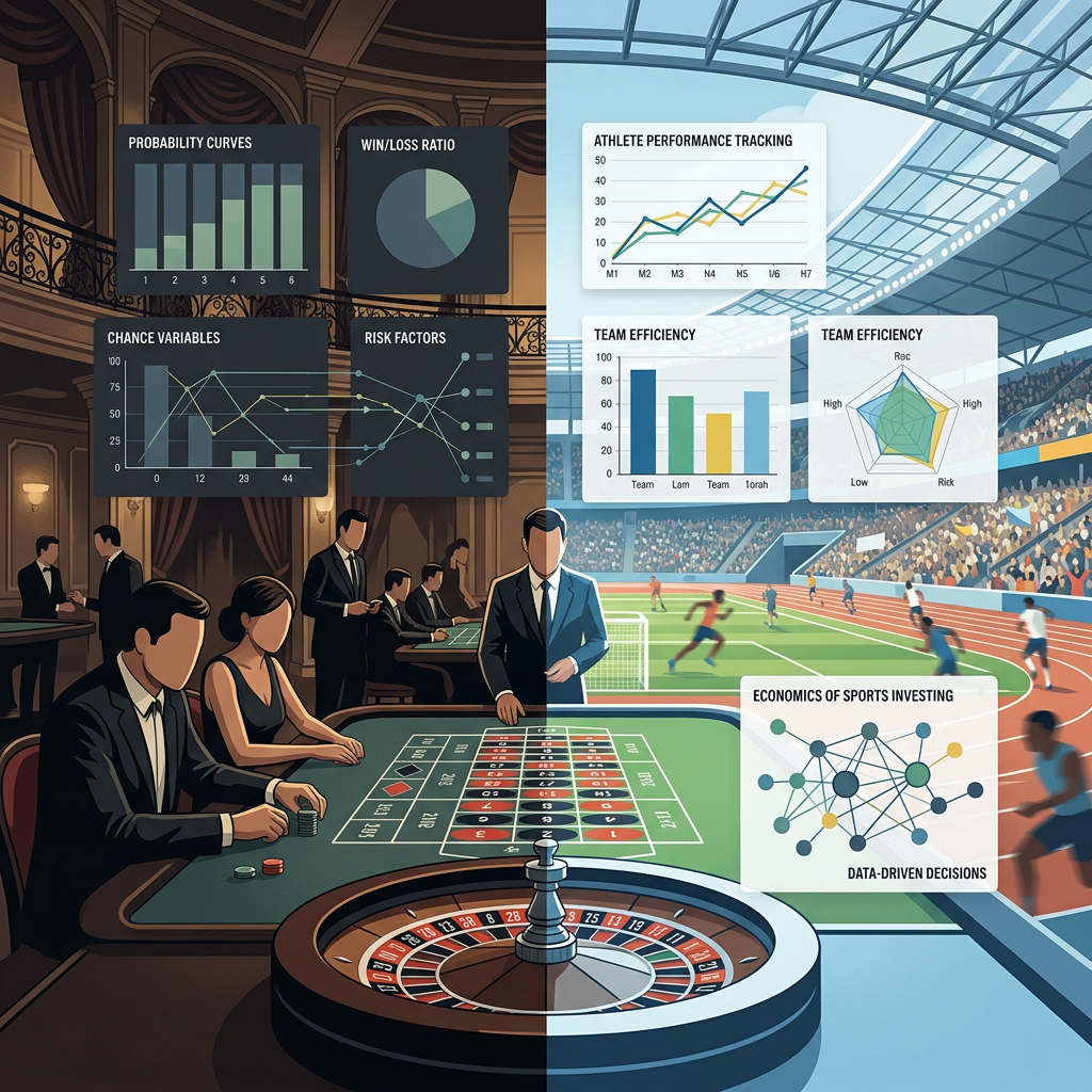 Casino roulette and sports analytics dashboards labeled probability curves, win-loss ratio, and data-driven decisions