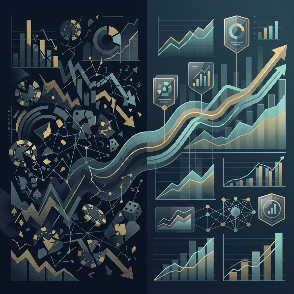 Stylized financial charts showing market volatility and upward growth trends