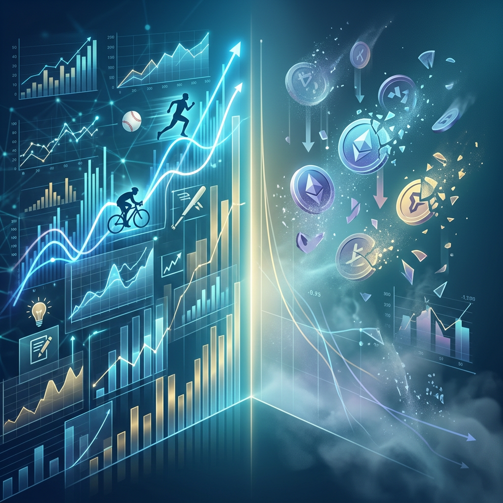 Split illustration of rising charts, athletes, and falling cryptocurrency symbols