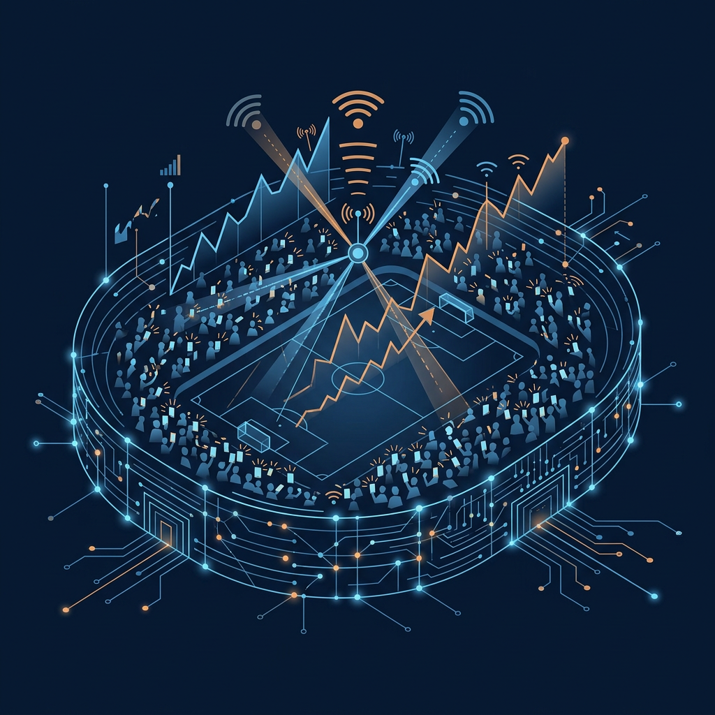 Futuristic illustration of connected people, wireless signals, technology networks, and rising data charts