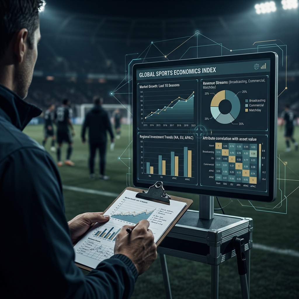 Analyst reviewing a Global Sports Economics Index dashboard at a soccer field