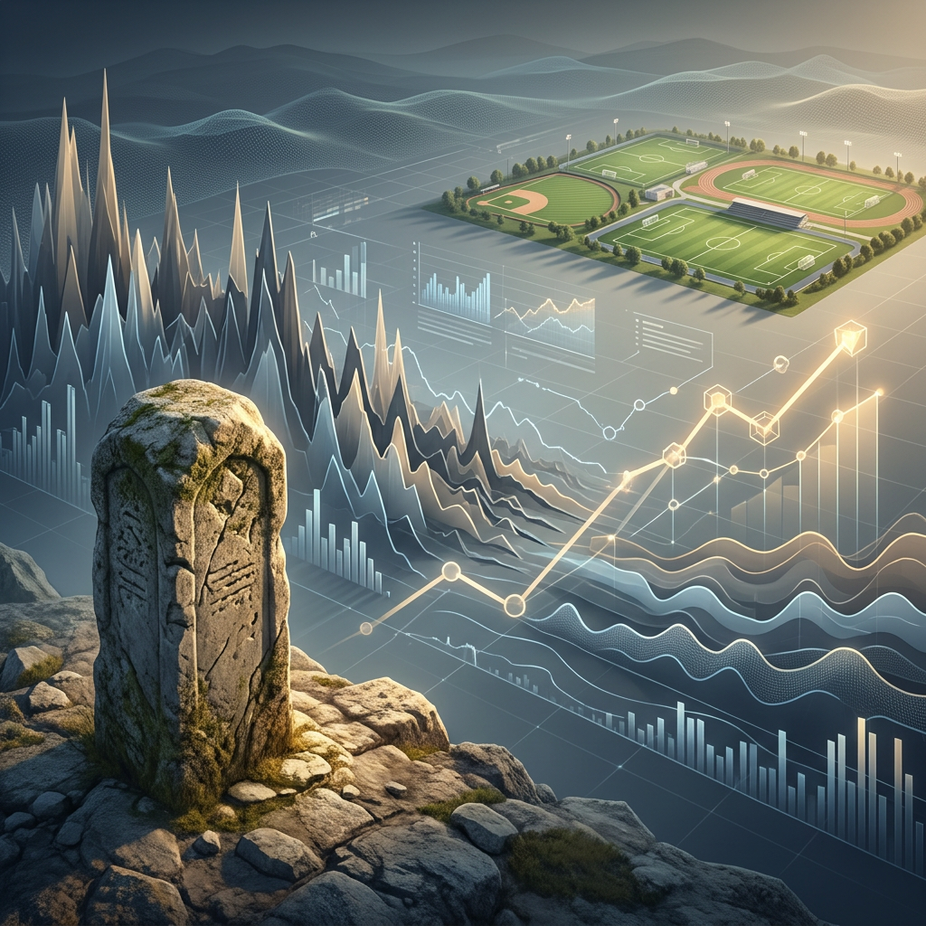 Weathered stone marker overlooking sports fields and glowing data charts