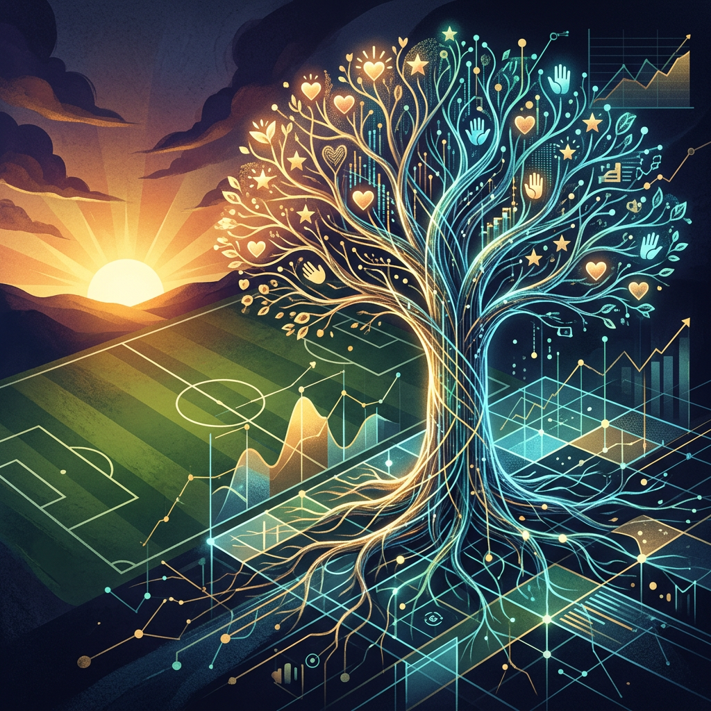 Glowing tree combining community symbols, sports fields, and rising data charts