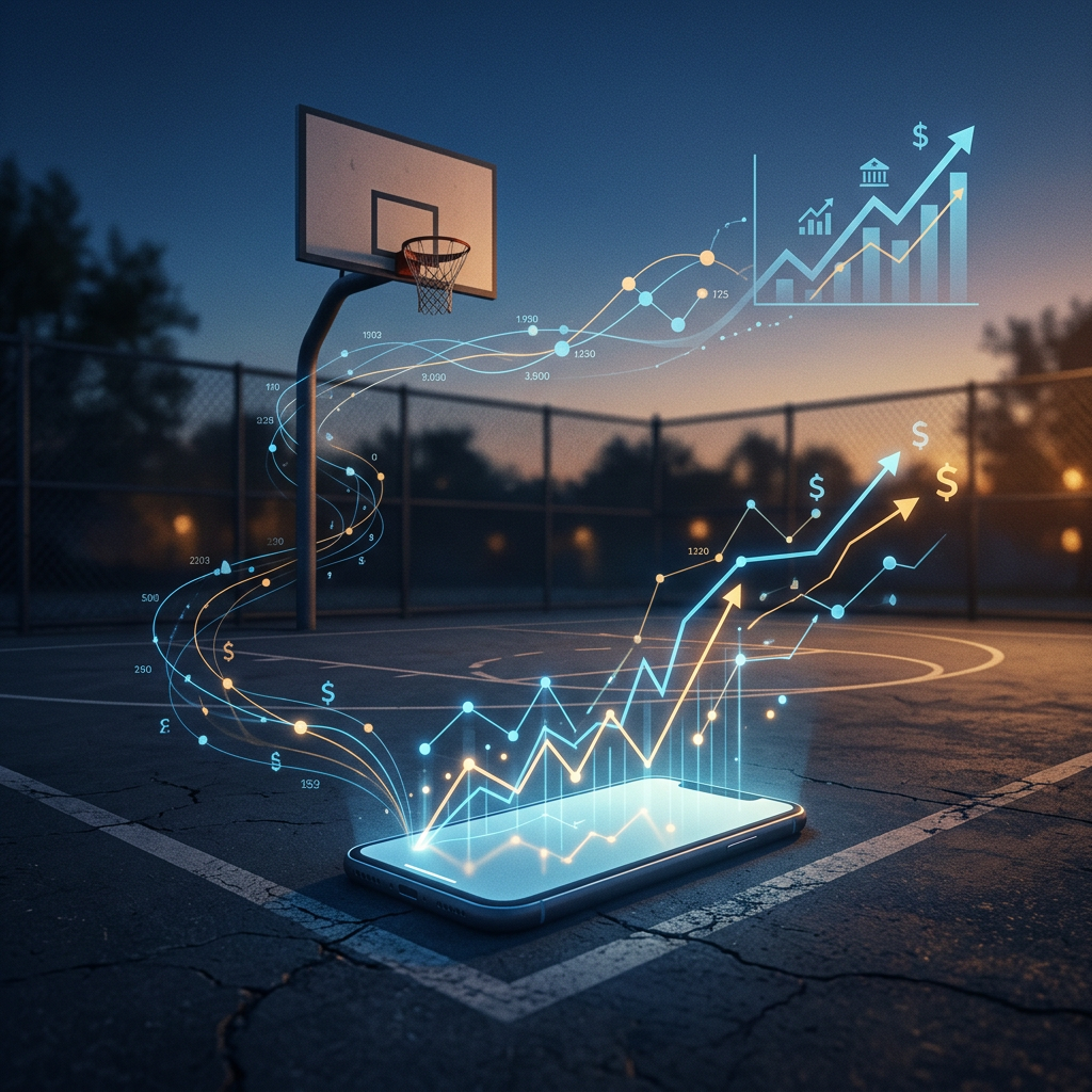 Smartphone displaying rising financial charts on a basketball court