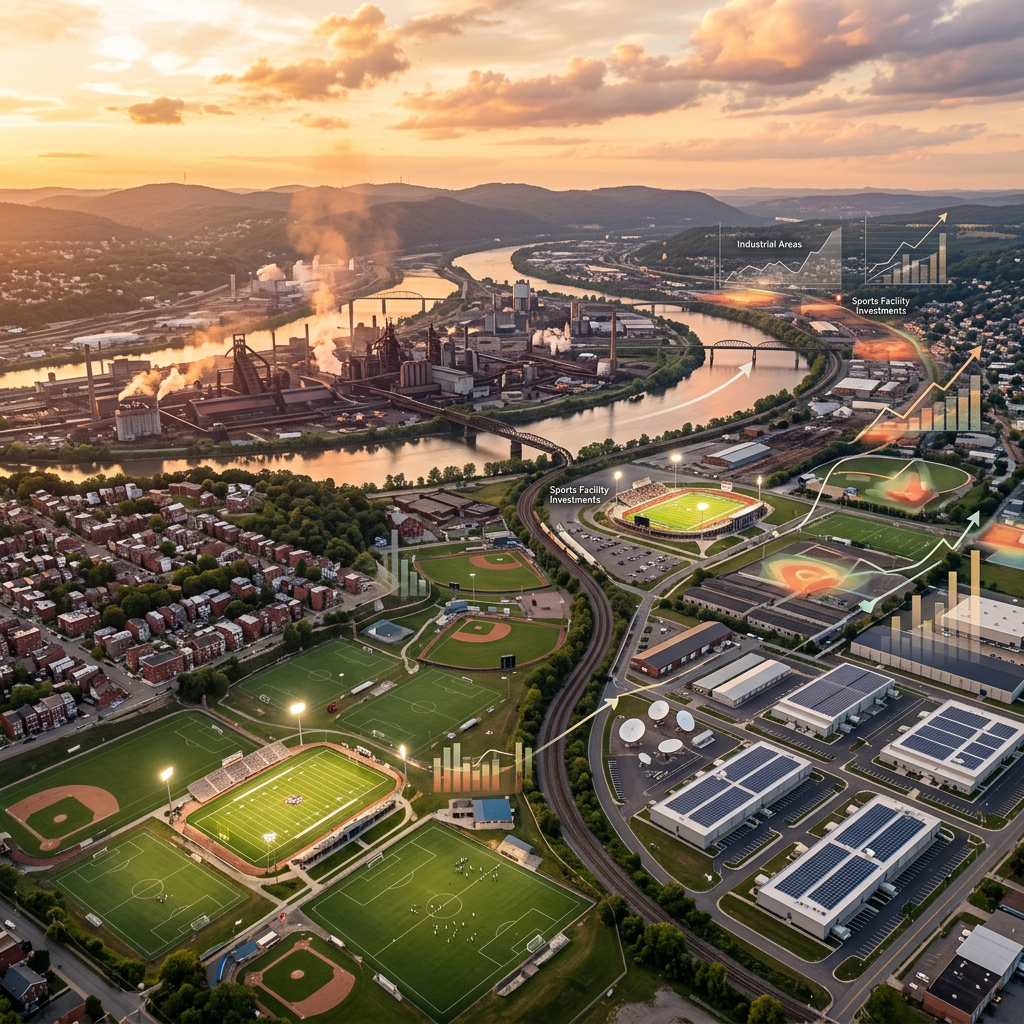 Aerial cityscape showing industrial areas, sports facilities, rivers, and investment growth charts