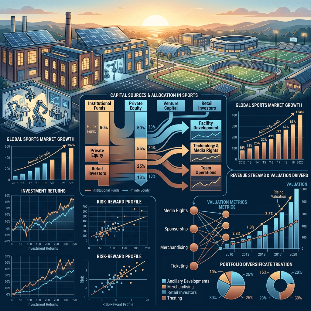 Sports finance infographic showing funding flows, market growth, returns, valuation, and diversification charts