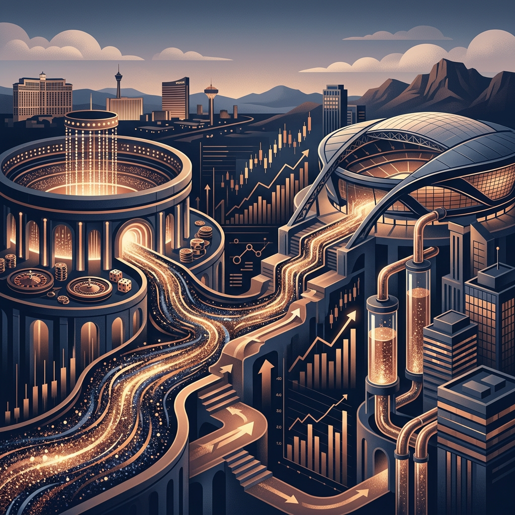 Futuristic city with casinos, financial charts, glowing streams, and mountains