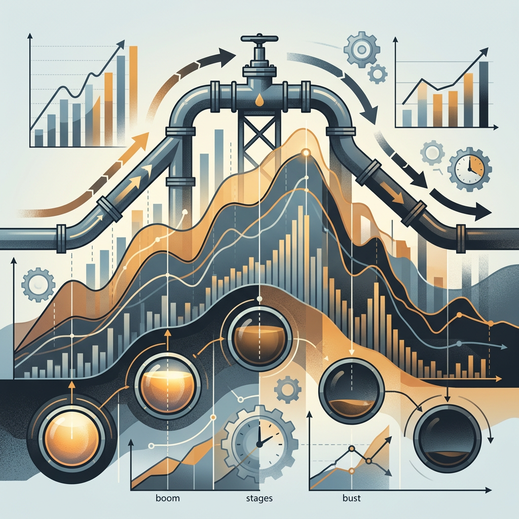 Industrial pipeline infographic showing economic boom, stages, and bust cycles