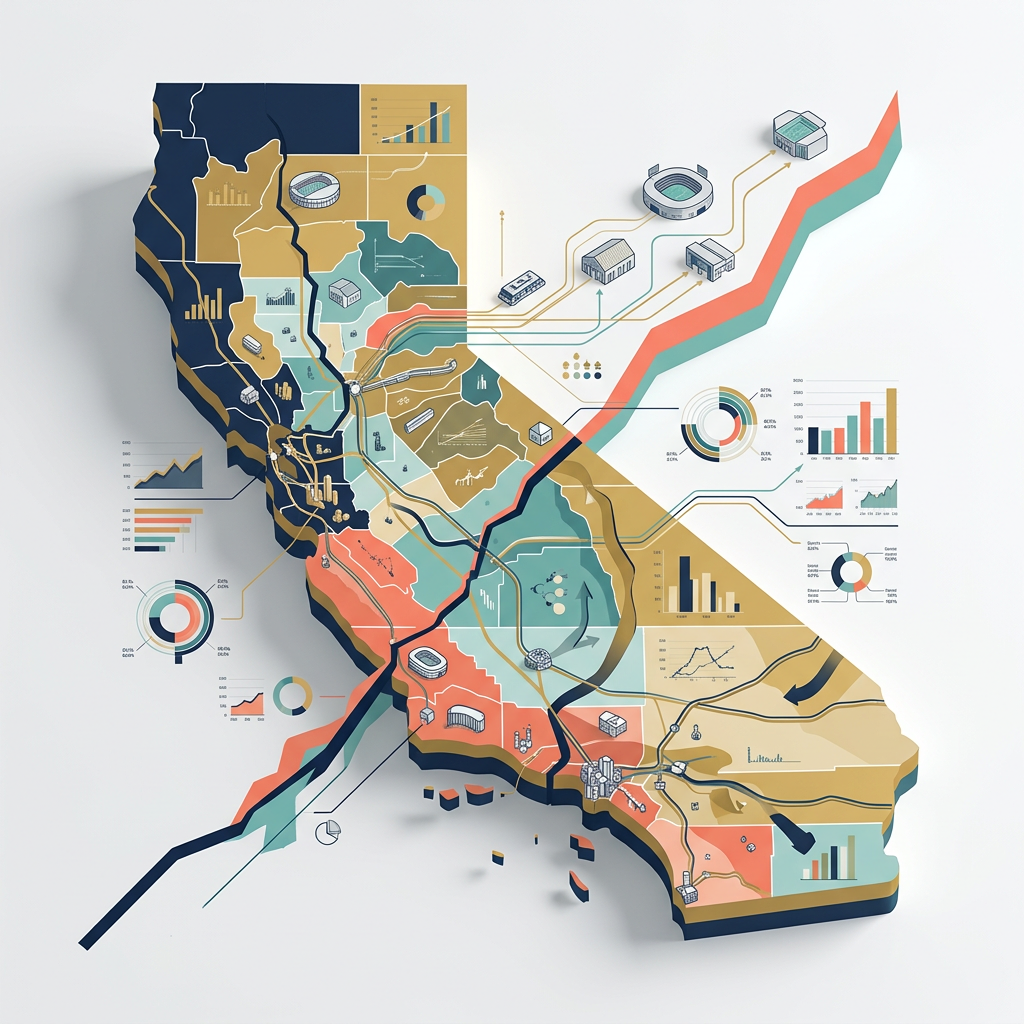 Stylized regional map with infrastructure networks and data charts